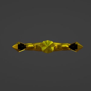Puede incluir: Una espada de color dorado con una punta puntiaguda y una gema facetada decorativa en la parte superior del mango.