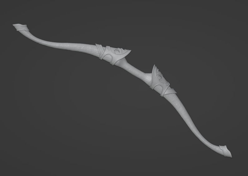 May include: A white, wooden bow with intricate carvings and a curved design. The bow is made of a smooth, polished wood and has a natural finish.