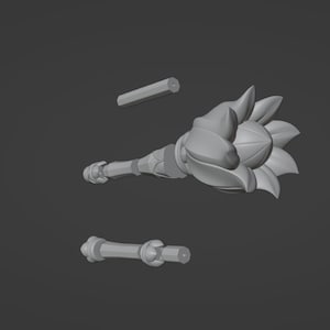 May include: A 3D printed model of a weapon with a claw-like hand and a segmented handle. The model is printed in gray plastic and is disassembled into three pieces.