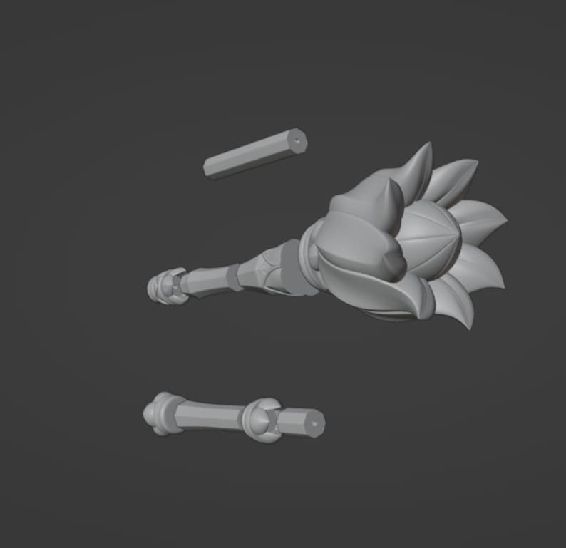 May include: A 3D printed model of a weapon with a claw-like hand and a segmented handle. The model is printed in gray plastic and is disassembled into three pieces.