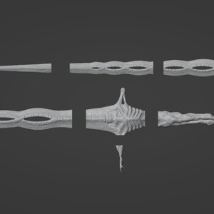 May include: A 3D printed model of a segmented, organic-looking weapon. The model is broken down into multiple pieces, showing the intricate details of its design.
