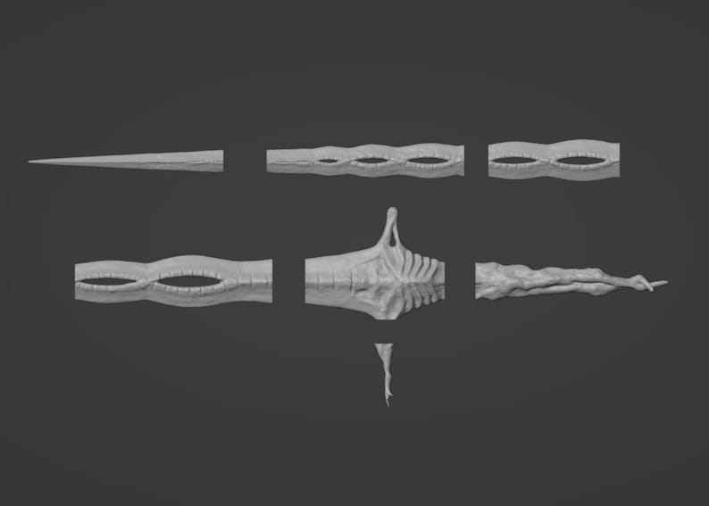 May include: A 3D printed model of a segmented, organic-looking weapon. The model is broken down into multiple pieces, showing the intricate details of its design.