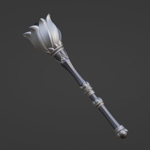 May include: A silver and black ceremonial mace with a decorative flower-shaped head.