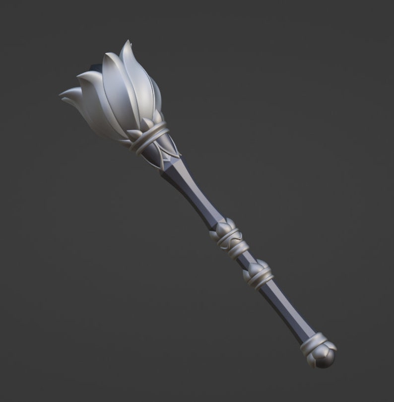 May include: A silver and black ceremonial mace with a decorative flower-shaped head.