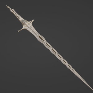 May include: A white, skeletal-looking sword with a long, thin blade and a decorative hilt. The blade has several openings along its length.