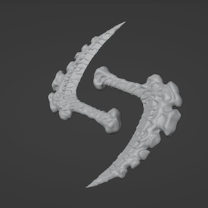 Puede incluir: Un modelo impreso en 3D de una hoja estilizada, abstracta, de doble extremo, curvada con una superficie texturizada.