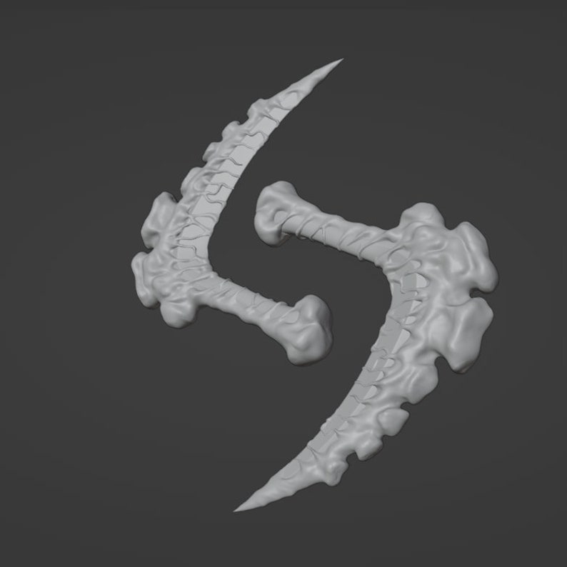 Puede incluir: Un modelo impreso en 3D de una hoja estilizada, abstracta, de doble extremo, curvada con una superficie texturizada.