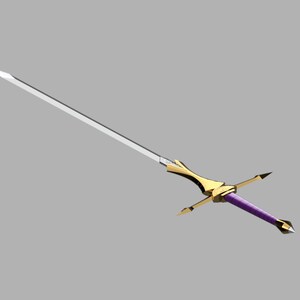 May include: A long, slender sword featuring a polished silver-colored blade, a gold-toned crossguard with pointed ends, and a vibrant purple handle grip. The pommel at the base of the handle is also gold-toned and comes to a sharp point.