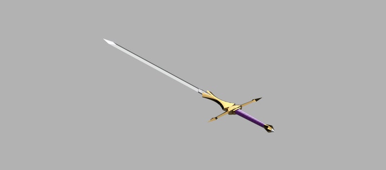 May include: A long, slender sword featuring a polished silver-colored blade, a gold-toned crossguard with pointed ends, and a vibrant purple handle grip. The pommel at the base of the handle is also gold-toned and comes to a sharp point.
