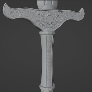 May include: A gray 3D rendered sword hilt featuring an ornate crossguard with intricate scrollwork and a central hexagonal emblem. The cylindrical grip displays a vertical column of engraved runic characters and is finished with metal rivets.