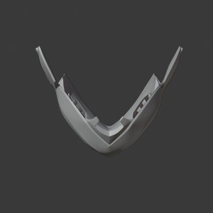 May include: A white plastic mouthguard with a V-shaped design. The mouthguard is open and shows the inside of the guard.