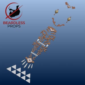 May include: A collection of brown and white 3D printed prop components featuring intricate geometric patterns, including a long central piece, two small textured spheres, and a series of white triangles, with the text BEARDLESS PROPS.