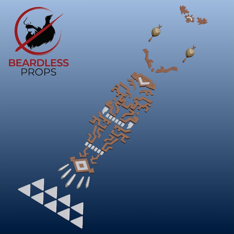 May include: A collection of brown and white 3D printed prop components featuring intricate geometric patterns, including a long central piece, two small textured spheres, and a series of white triangles, with the text BEARDLESS PROPS.