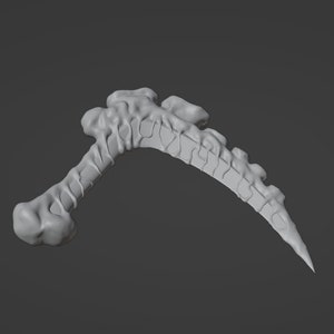 Puede incluir: Una escultura abstracta, curva y texturizada de color gris, impresa en 3D, que se asemeja a una cuchilla o una hoz.