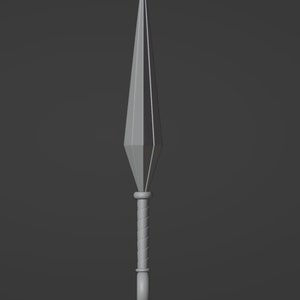 Puede incluir: Un cuchillo de lanzamiento gris modelado en 3D con una hoja larga y puntiaguda y un mango retorcido.