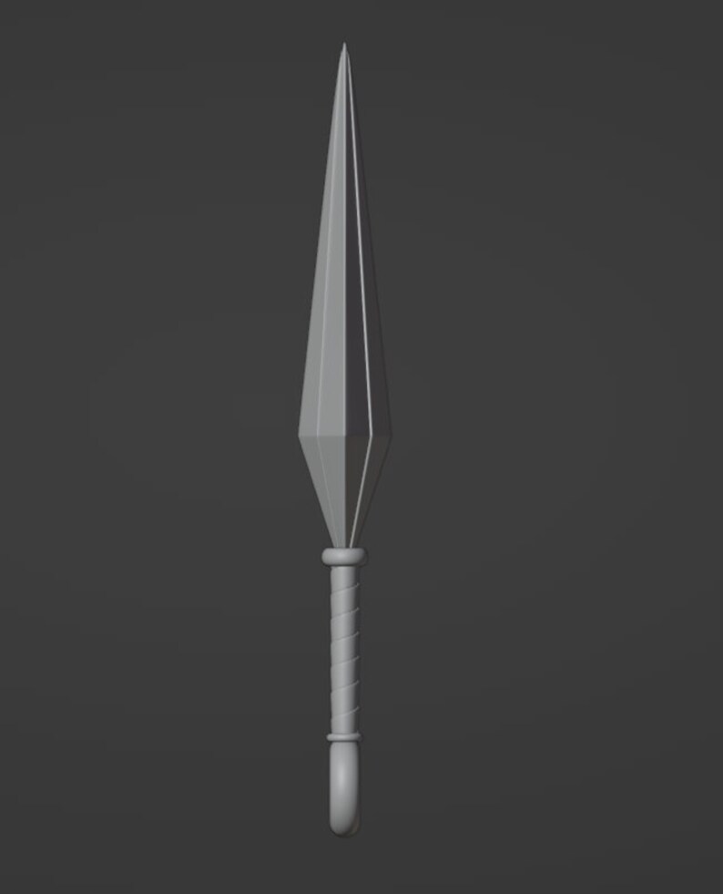 Puede incluir: Un cuchillo de lanzamiento gris modelado en 3D con una hoja larga y puntiaguda y un mango retorcido.