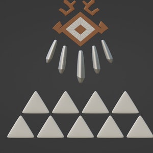 May include: A graphic design featuring a brown and white diamond-shaped emblem with angular extensions at the top, positioned above five silver-toned vertical spikes and nine white triangles arranged in two rows on a dark grey background.