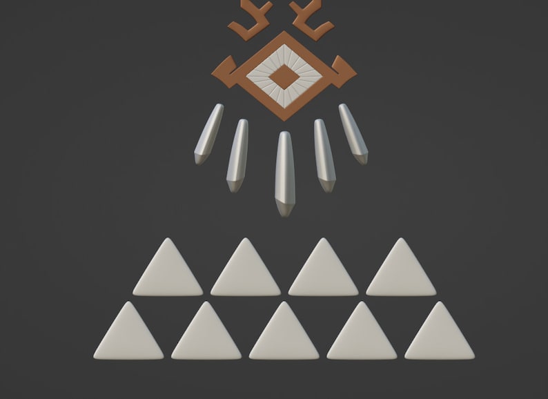 May include: A graphic design featuring a brown and white diamond-shaped emblem with angular extensions at the top, positioned above five silver-toned vertical spikes and nine white triangles arranged in two rows on a dark grey background.