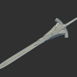 May include: A silver sword with a detailed, ornate hilt and a sharp blade. The blade has a decorative inscription.