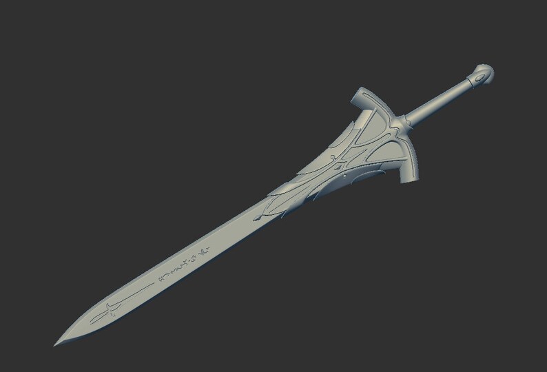 May include: A silver sword with a detailed, ornate hilt and a sharp blade. The blade has a decorative inscription.