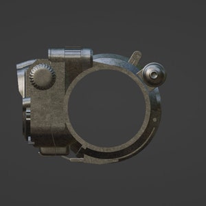 May include: A silver-colored metal device with a round opening and a knob on the side. The device has a textured surface and appears to be a vintage camera lens.
