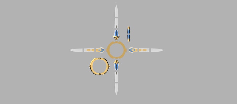 May include: A gold-colored metal ring with four decorative sword-like pieces attached to it. The swords have blue and gold accents.