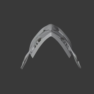 May include: A 3D printed model of a helmet with a geometric design. The helmet is made of a light gray plastic and has a pointed top.