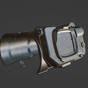May include: A silver-colored metal device with a round, cylindrical barrel and a rectangular viewfinder. The device has a textured surface and several small, intricate details.