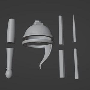 May include: A gray 3D model kit consisting of a central dome-shaped helmet piece with a curved side extension, two cylindrical handle-like components, and three straight, elongated rectangular and pointed structural parts.
