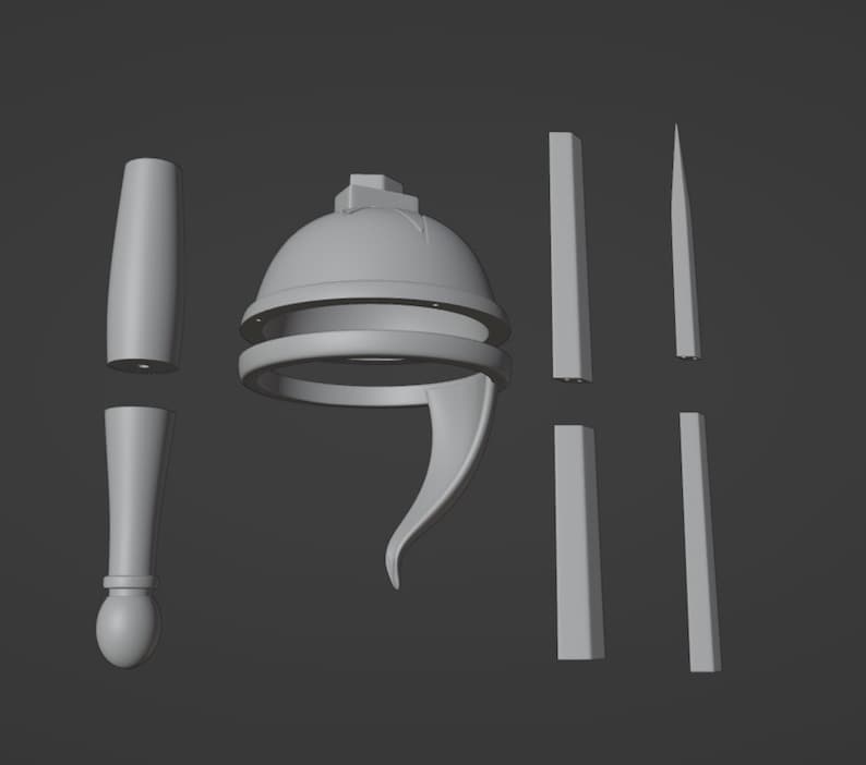 May include: A gray 3D model kit consisting of a central dome-shaped helmet piece with a curved side extension, two cylindrical handle-like components, and three straight, elongated rectangular and pointed structural parts.