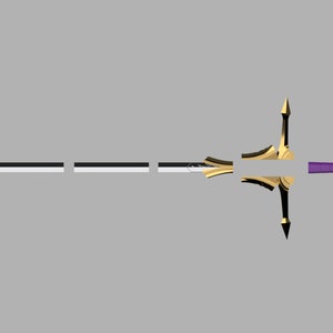 May include: A disassembled sword featuring a segmented white and black blade, a gold-colored crossguard with pointed ends, a purple grip, and a gold-colored pommel. The components are arranged horizontally in a line against a gray background.