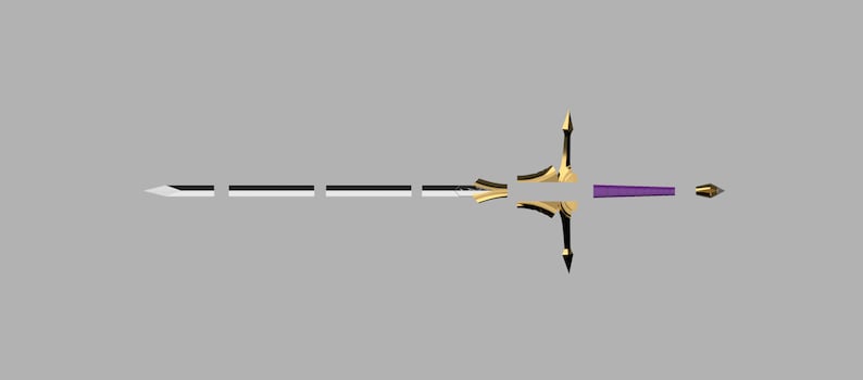 May include: A disassembled sword featuring a segmented white and black blade, a gold-colored crossguard with pointed ends, a purple grip, and a gold-colored pommel. The components are arranged horizontally in a line against a gray background.