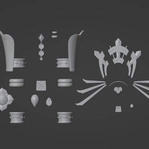 May include: A collection of gray 3D digital model components including two tall curved structures, a vertical pendant with three circular elements, several rings, a square plaque, a floral-shaped piece, and a segmented crown-like assembly.