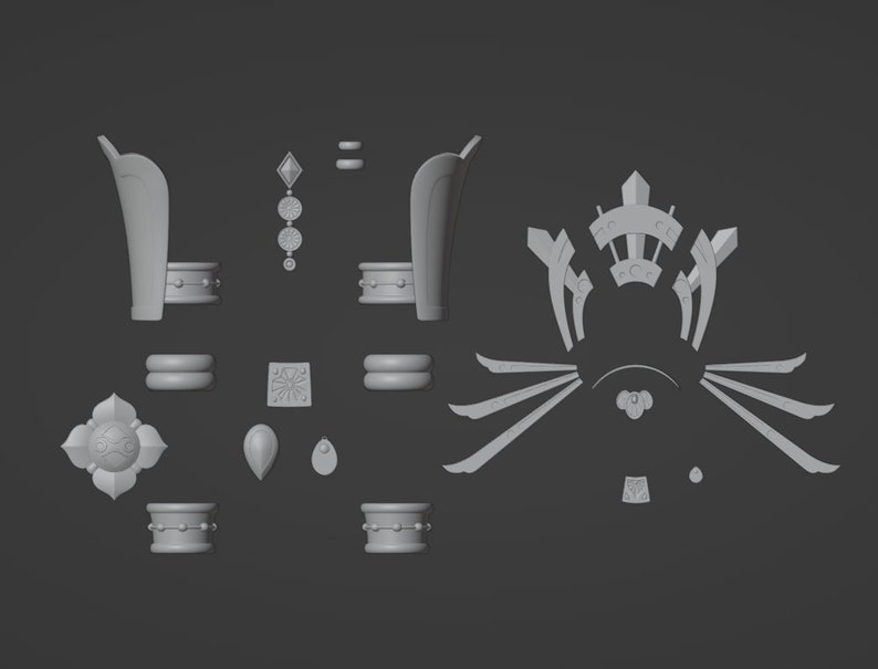 May include: A collection of gray 3D digital model components including two tall curved structures, a vertical pendant with three circular elements, several rings, a square plaque, a floral-shaped piece, and a segmented crown-like assembly.