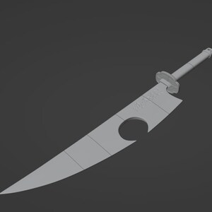 Puede incluir: Un modelo 3D gris de una espada con una hoja curva y un mango con una guarda circular. La hoja tiene un agujero y el texto "WAKIZASHI" est&aacute; grabado en la hoja.