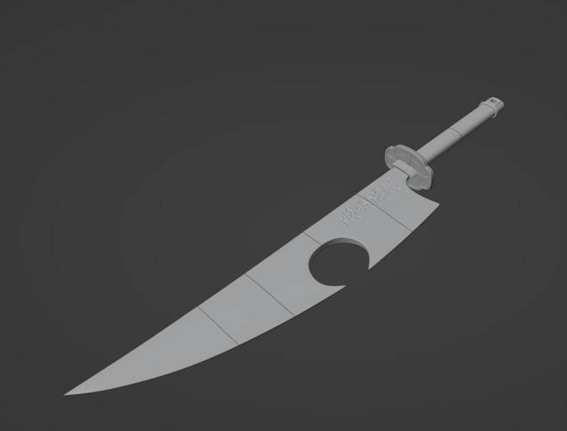 Puede incluir: Un modelo 3D gris de una espada con una hoja curva y un mango con una guarda circular. La hoja tiene un agujero y el texto "WAKIZASHI" est&aacute; grabado en la hoja.