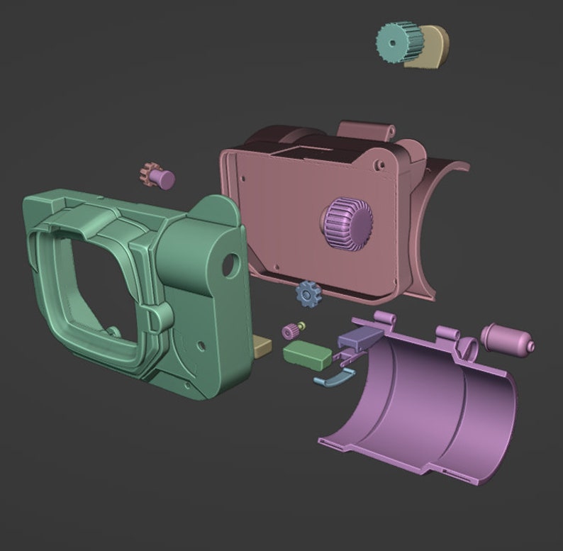 May include: A disassembled 3D printed model of a camera. The model is made up of several parts, including a body, lens, and a viewfinder. The parts are in various shades of green, purple, and brown.