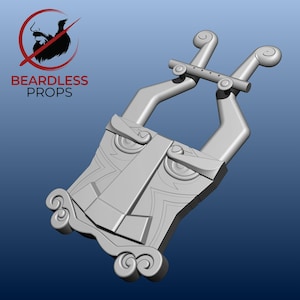 May include: A light gray 3D-rendered lyre prop featuring a central rectangular body with stylized facial features, two upward-extending arms with scroll-shaped tops, and a crossbar. The text BEARDLESS PROPS is visible in the upper left corner.