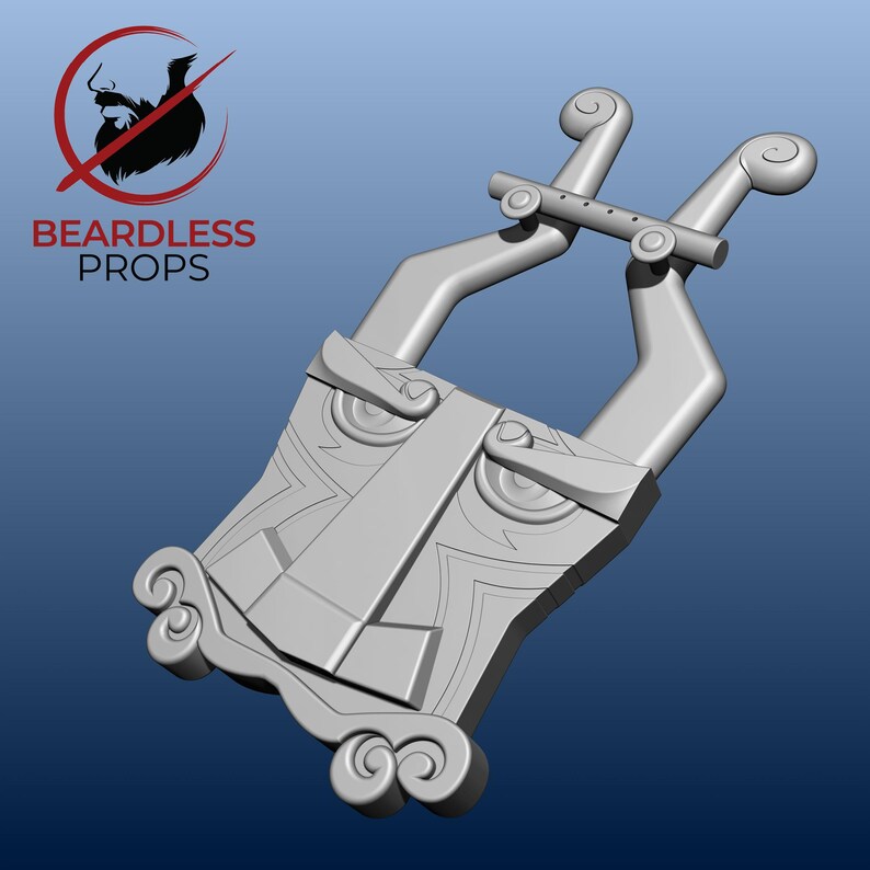 May include: A light gray 3D-rendered lyre prop featuring a central rectangular body with stylized facial features, two upward-extending arms with scroll-shaped tops, and a crossbar. The text BEARDLESS PROPS is visible in the upper left corner.