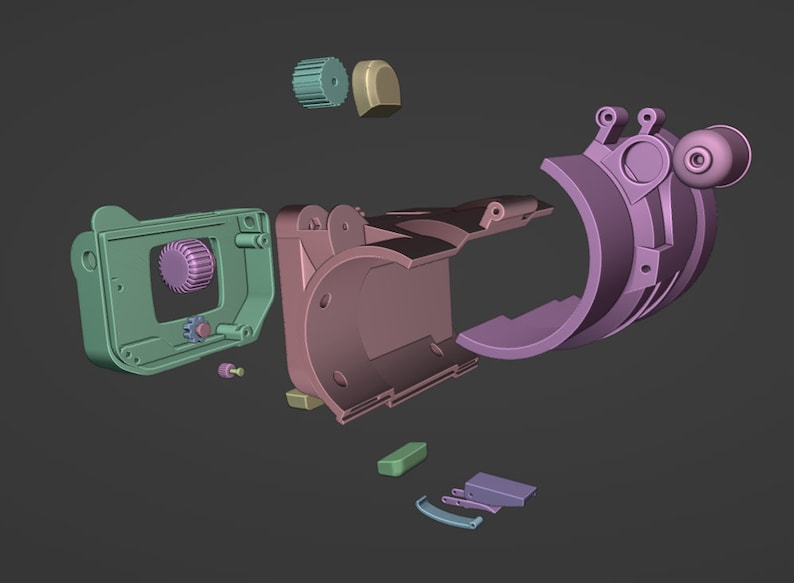 May include: A disassembled 3D printed model of a camera. The model is made up of 11 pieces, including a body, lens, and various gears. The pieces are in various shades of purple, green, and brown.