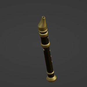 May include: A black and gold flute with a decorative design. The flute is made of wood and has a metal mouthpiece.