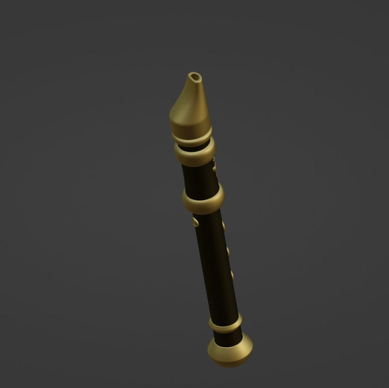 May include: A black and gold flute with a decorative design. The flute is made of wood and has a metal mouthpiece.