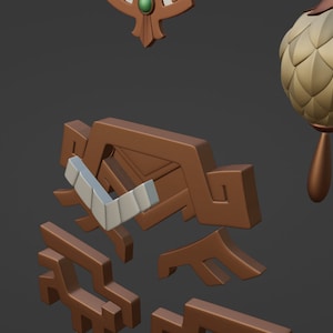 May include: A collection of 3D rendered brown components including a geometric brown and white emblem, a brown decorative piece with a green circular accent, and a textured, spherical brown object with a pointed base.