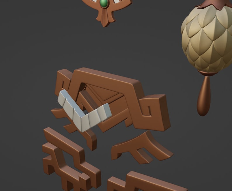 May include: A collection of 3D rendered brown components including a geometric brown and white emblem, a brown decorative piece with a green circular accent, and a textured, spherical brown object with a pointed base.