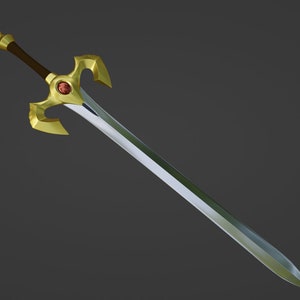 May include: A silver sword with a gold hilt and a red gem. The hilt has a green gem on the pommel and two gold wings.