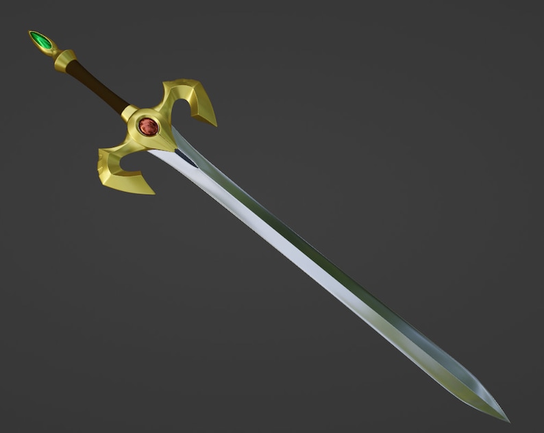 May include: A silver sword with a gold hilt and a red gem. The hilt has a green gem on the pommel and two gold wings.