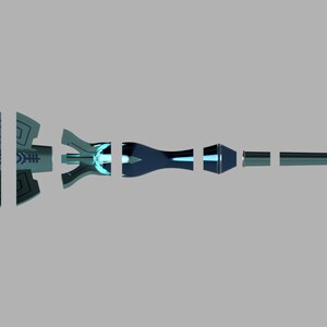 Puede incluir: Un arma futurista desmontada con un esquema de color azul y plateado. El arma est&aacute; compuesta por varias piezas, incluyendo una hoja, un mango y un ca&ntilde;&oacute;n.