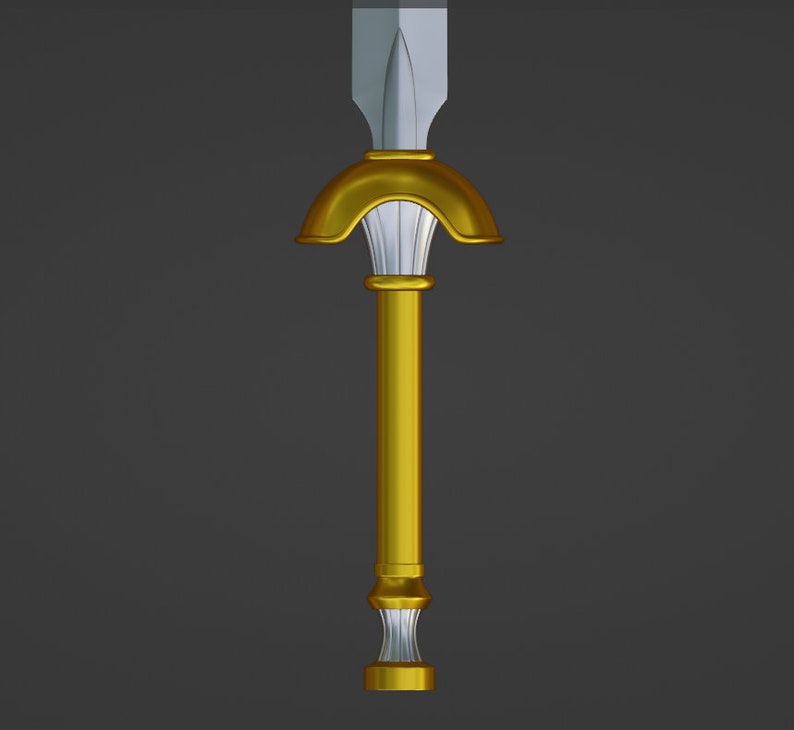 May include: A gold and silver sword with a decorative handle and a pointed tip.