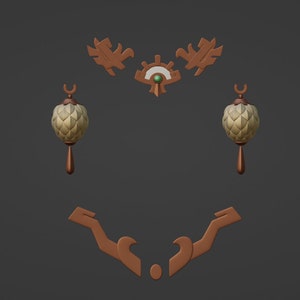 May include: A set of decorative costume accessories featuring a brown symmetrical headpiece with a central green gem, two beige lantern-shaped ornaments with brown teardrop pendants, and a matching brown angular collar piece.