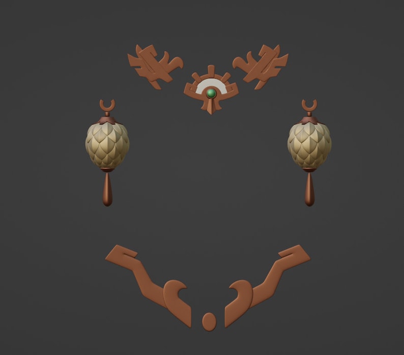 May include: A set of decorative costume accessories featuring a brown symmetrical headpiece with a central green gem, two beige lantern-shaped ornaments with brown teardrop pendants, and a matching brown angular collar piece.